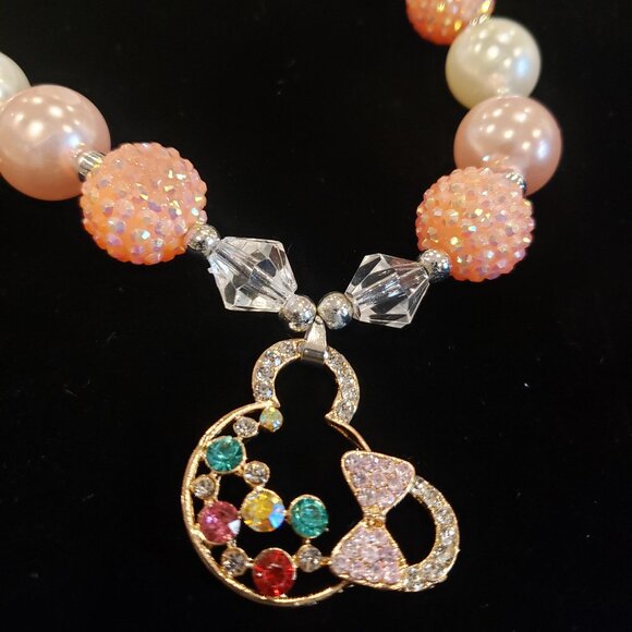 Adorable Pink Shades Bubblegum Beaded w/Gold Tone Colorful Rhinestone Necklace - Picture 5 of 13